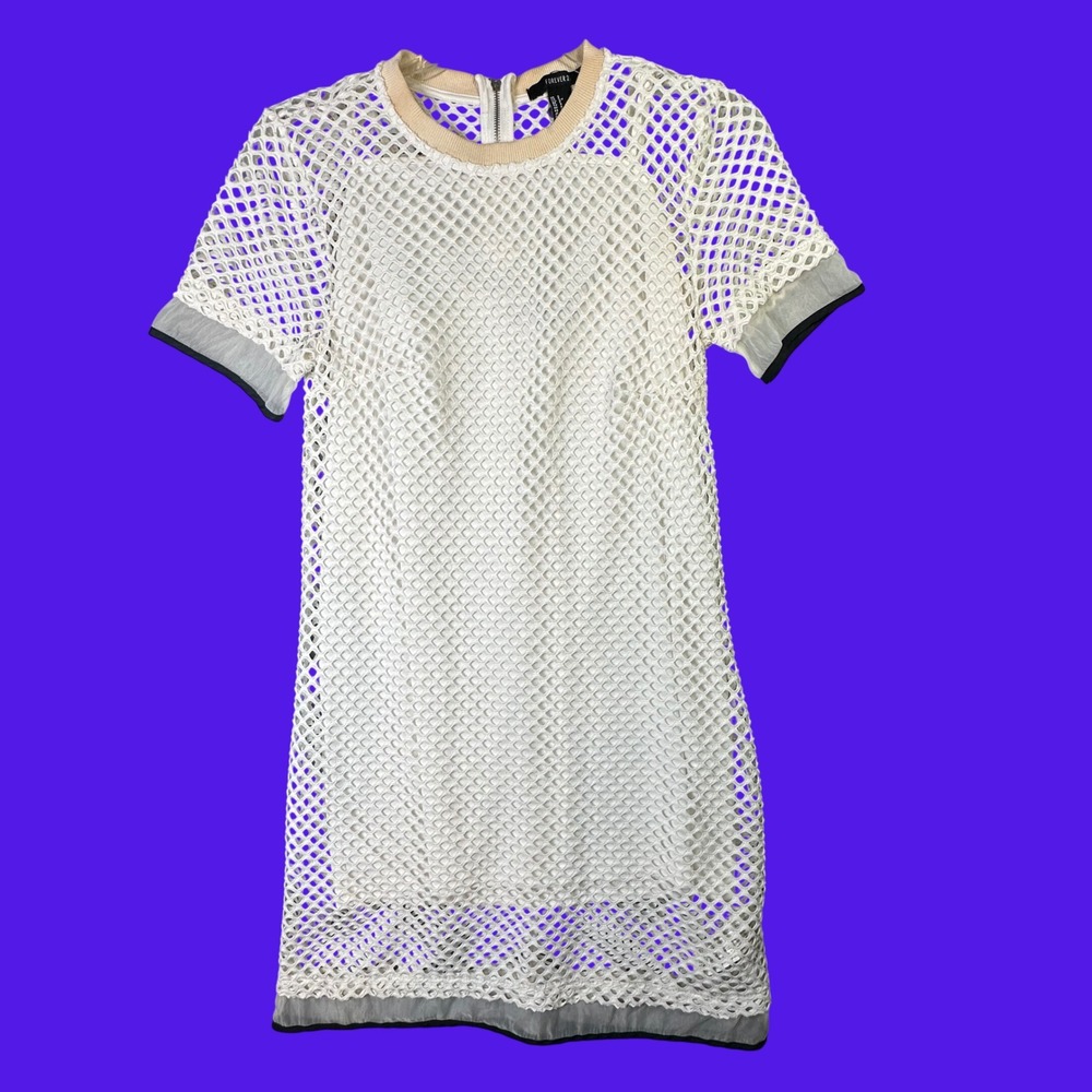 Forever 21 Y2K White Fishnet Mesh Mini Dress Sporty Streetwear Size S White Tan